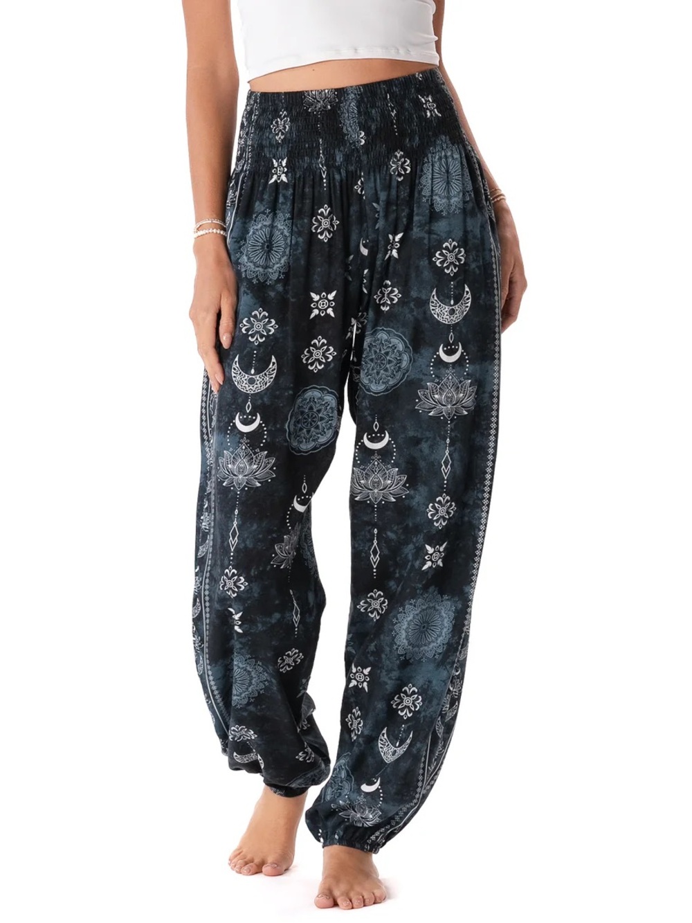 Lotus and Luna Boho Moon & Lotus Print Elastic Waist Harem Pants - Black